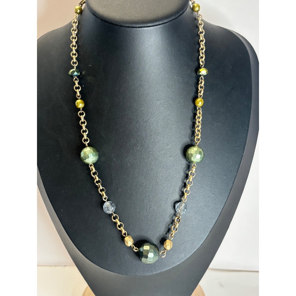 Vintage Brass Boho Station Necklace Faceted Green Blue Beads 19 Inch